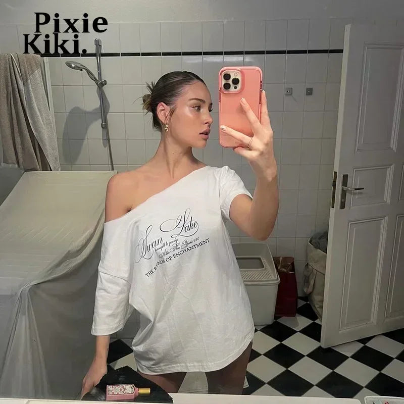 Pixie Kiki Letter Print Graphic T Shirts White Oversized One Shoulder Tops Women Summer Fashion Clothing Trends 2025 P71-BG14