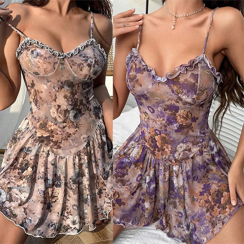 Baby dolls Floral pleated camisole short skirt and nightgown Women pajama sexy lingerie for women push up adult sexy nights xxx