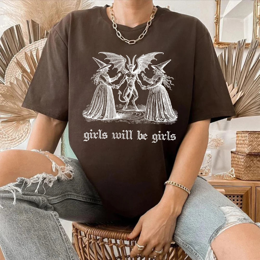 Girls Will Be Girls Witch Shirt Vintage Halloween T-Shirt Funny Feminist Tee Ironic Shirts Aesthetic T-shirt Spooky Witchy Tops