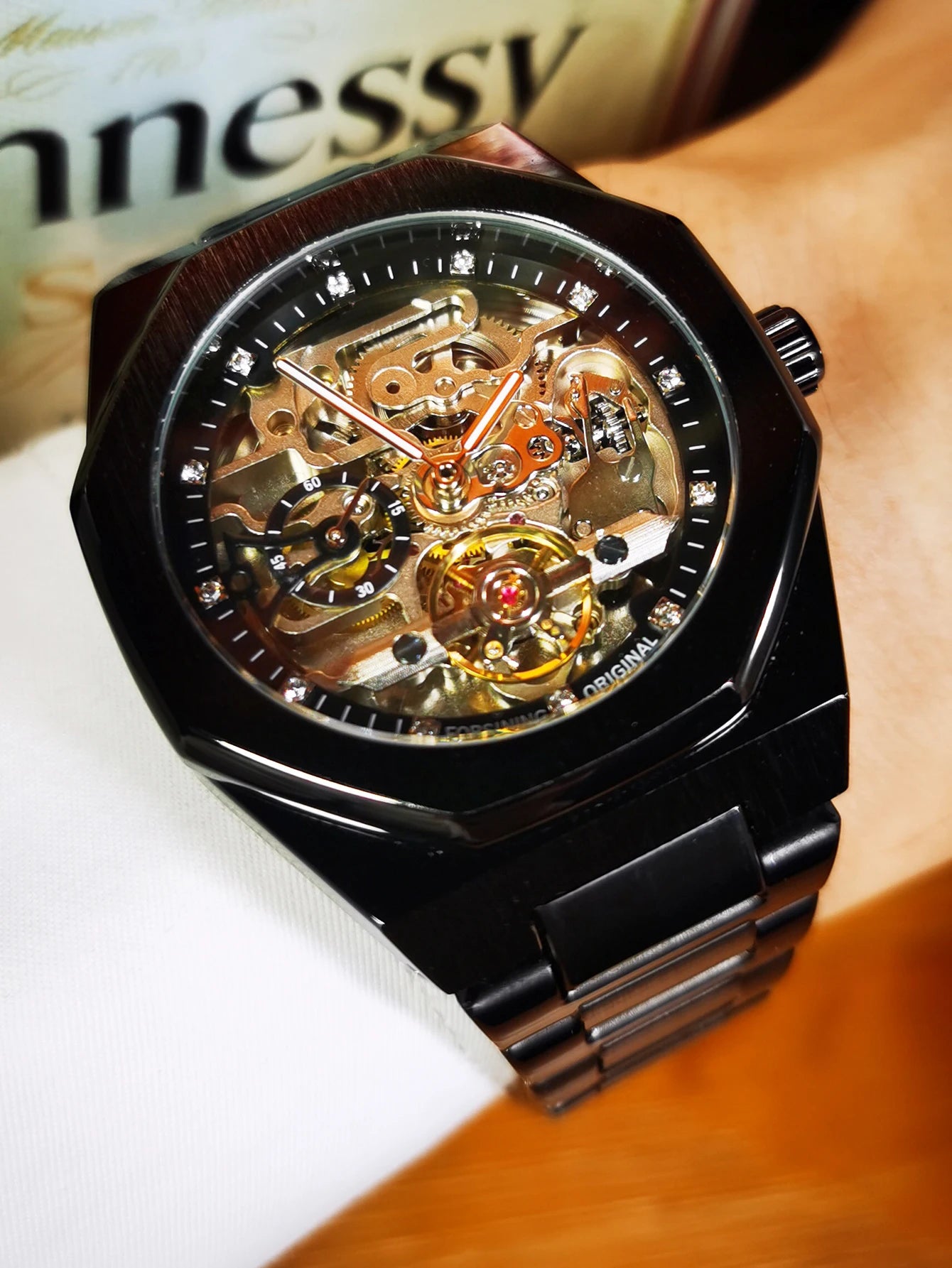 Forsining Silver Automatic Watch Men 3D Diamond Dial Irregular Tourbillon Skeleton Mechanical Wrist watches Luminous Hands Clock