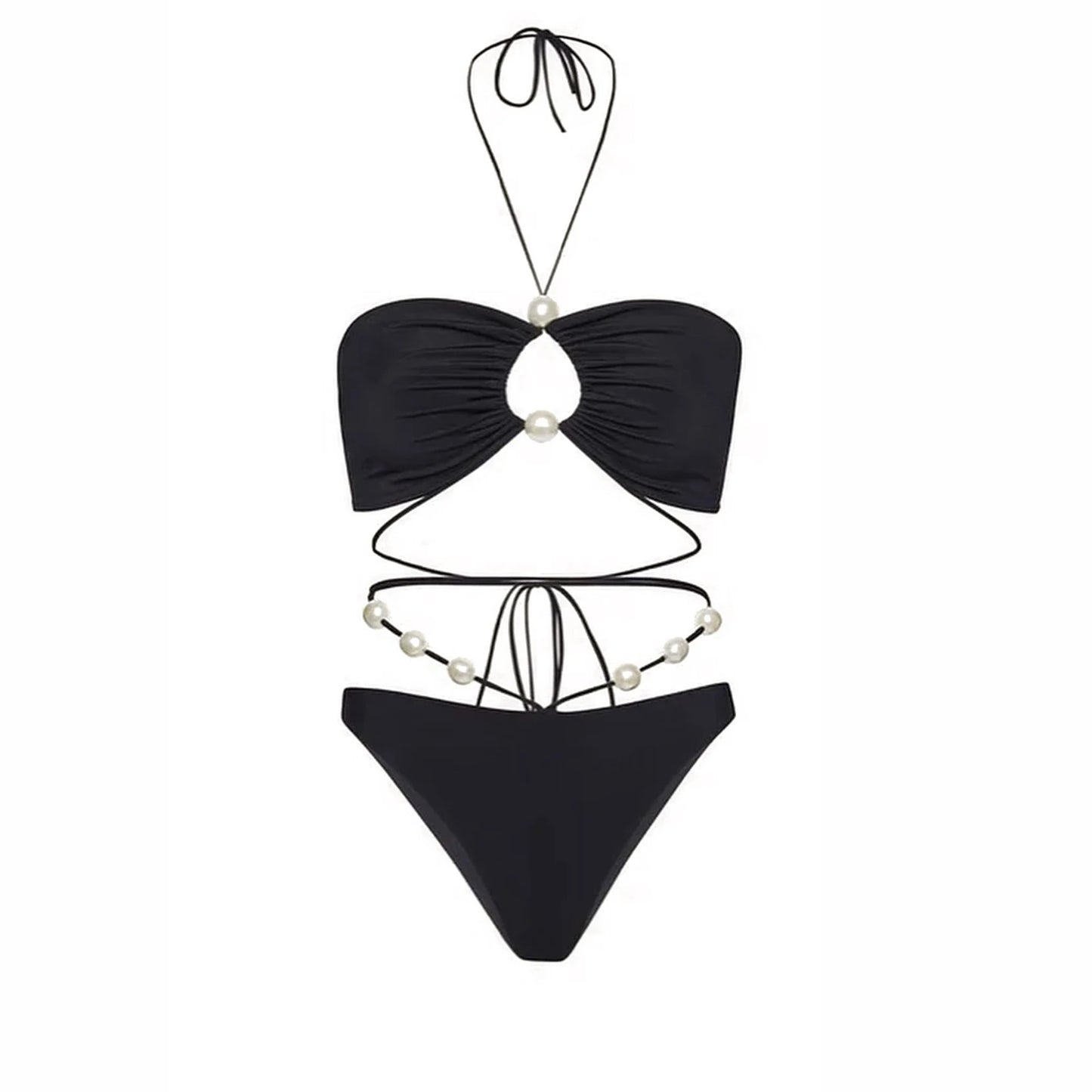 3Pcs Sexy Bikini Set With Cover Up Pearls White Swimsuit Women Halter Swimwear Female Off Shoulder Bathing suit Bikini Beachwear