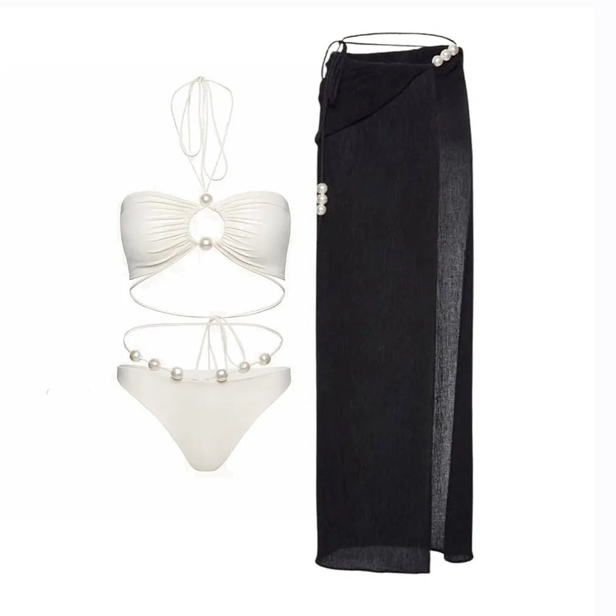 3Pcs Sexy Bikini Set With Cover Up Pearls White Swimsuit Women Halter Swimwear Female Off Shoulder Bathing suit Bikini Beachwear
