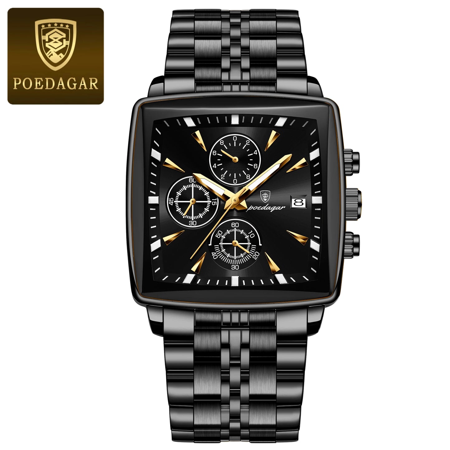 POEDAGAR Luxury Square Sport Man Wrist watch Waterproof Luminous Chronograph Quartz Men's Watches Stainless Steel Men Watch Reloj