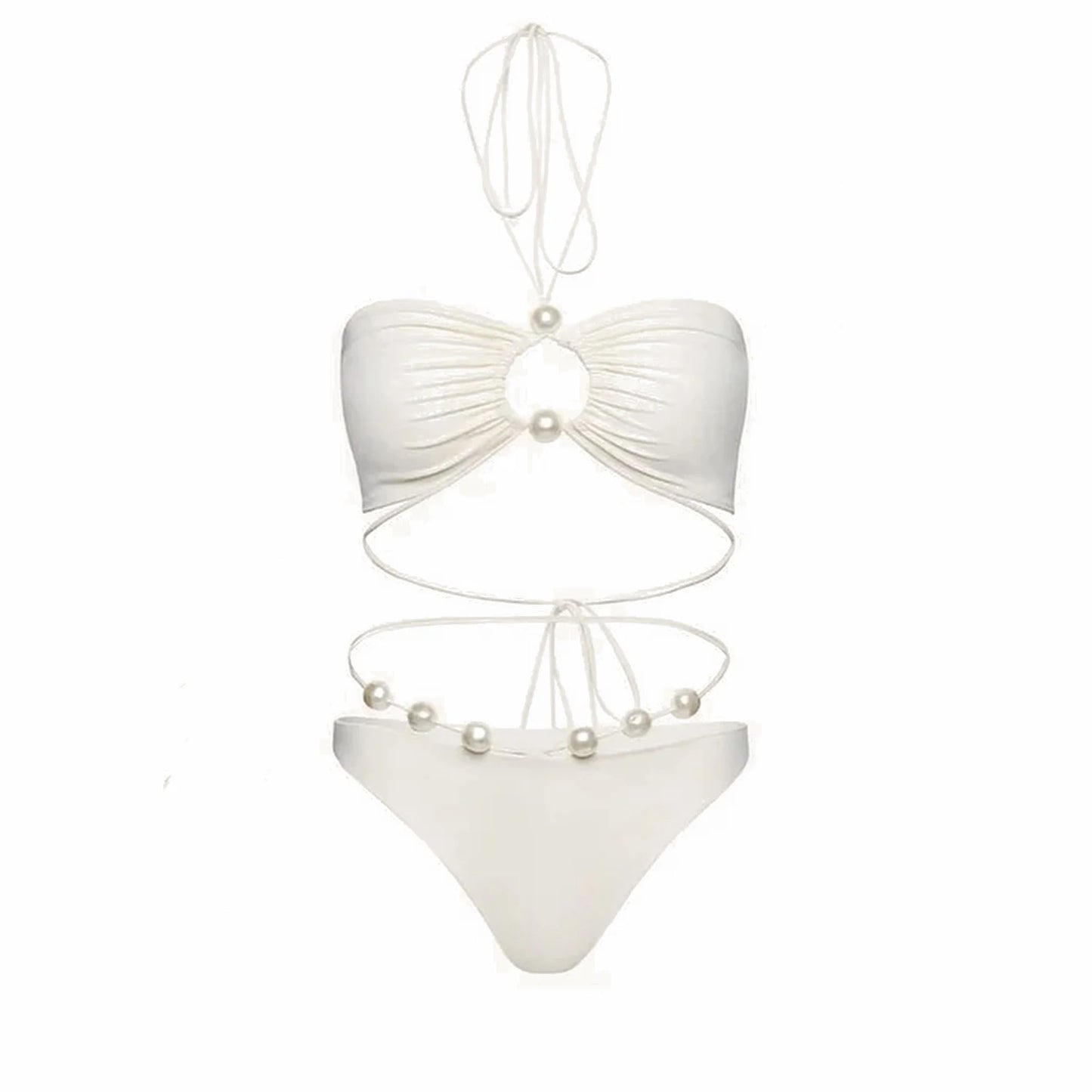3Pcs Sexy Bikini Set With Cover Up Pearls White Swimsuit Women Halter Swimwear Female Off Shoulder Bathing suit Bikini Beachwear