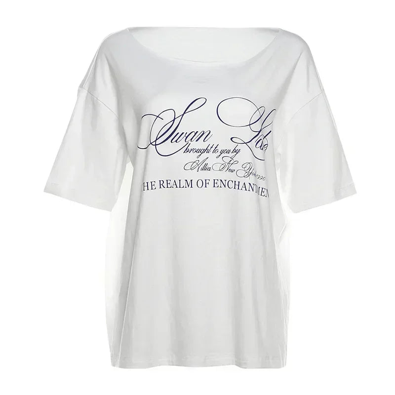 Pixie Kiki Letter Print Graphic T Shirts White Oversized One Shoulder Tops Women Summer Fashion Clothing Trends 2025 P71-BG14