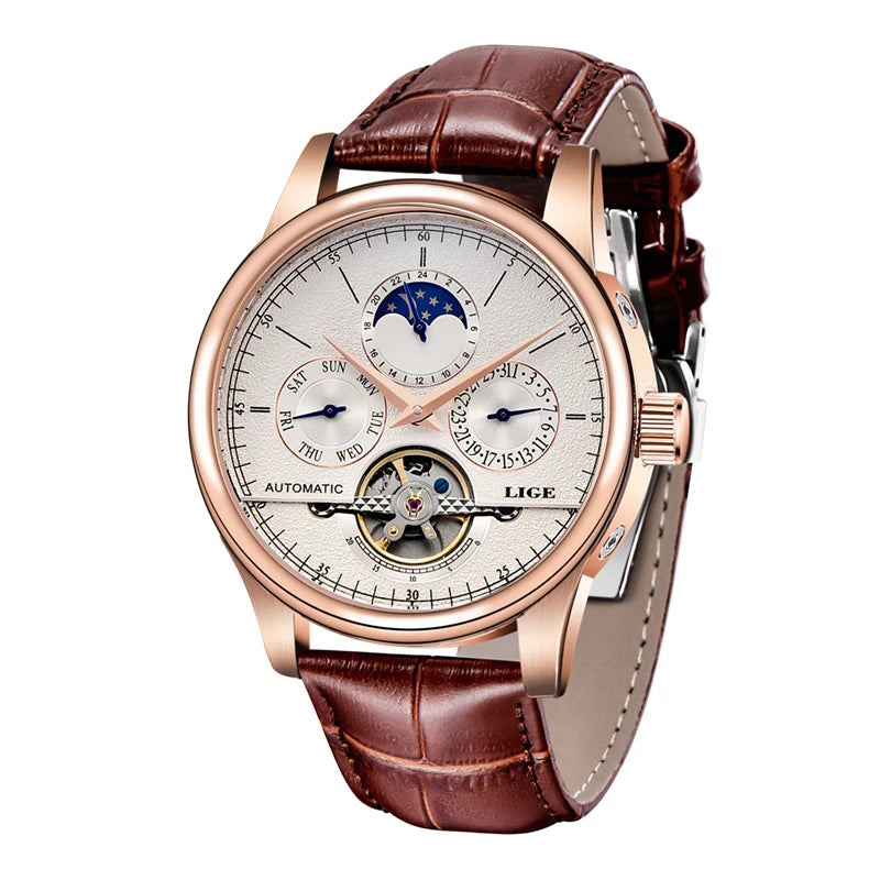 LIGE Men Watches Automatic Mechanical Watch Tourbillon Clock Genuine Leather Waterproof Watch Men Military Wrist watch Man