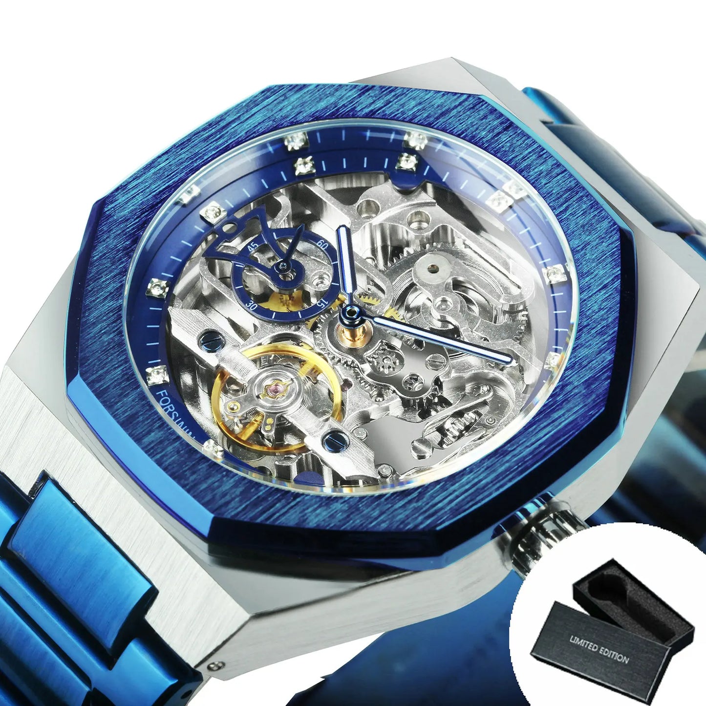 Forsining Silver Automatic Watch Men 3D Diamond Dial Irregular Tourbillon Skeleton Mechanical Wrist watches Luminous Hands Clock