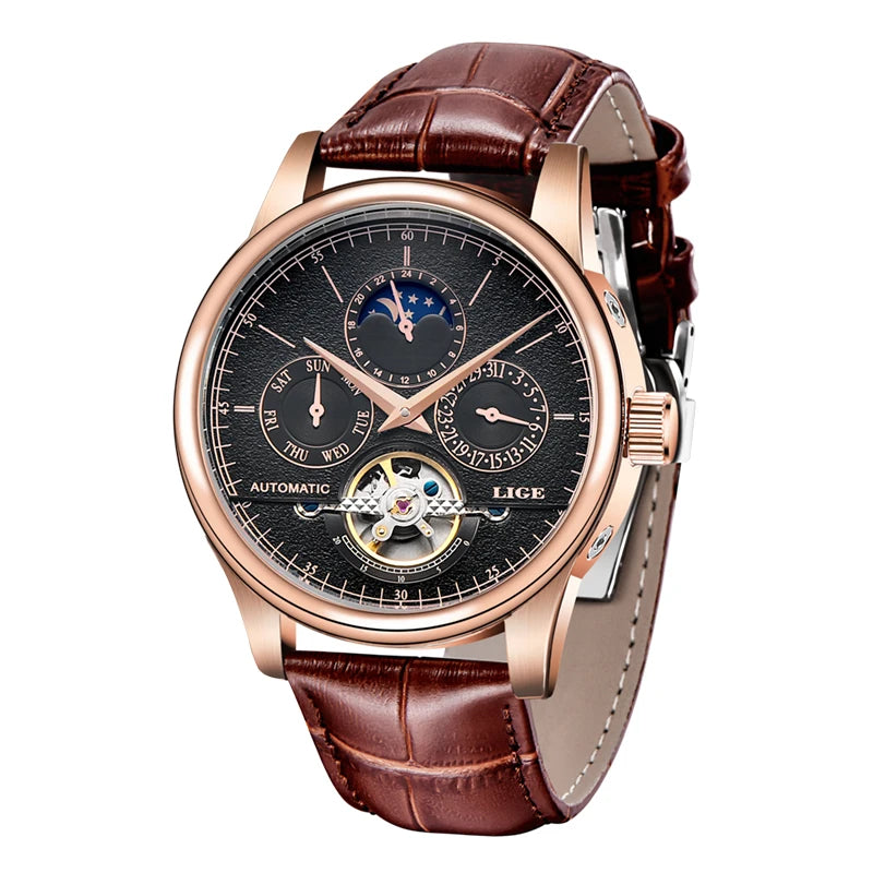 LIGE Men Watches Automatic Mechanical Watch Tourbillon Clock Genuine Leather Waterproof Watch Men Military Wrist watch Man