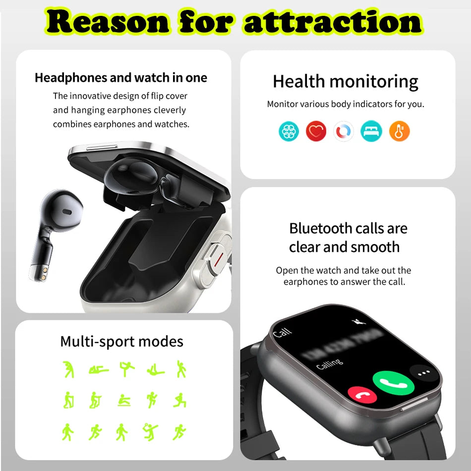 2025 Smart Watch 2 in 1 With Earphone Smartwatch Bluetooth Call Men Watch GPS Track Heart Rate Monitor Play Music Smart Watch