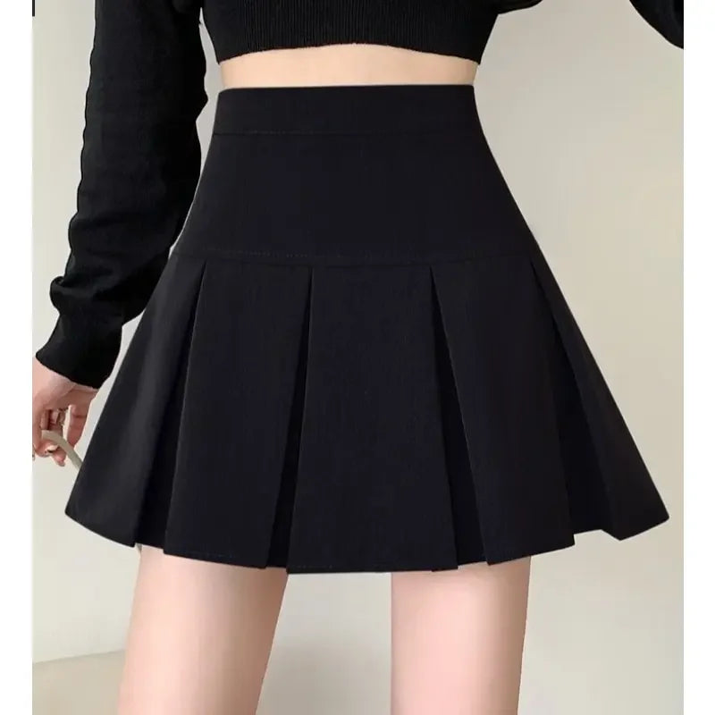 2025 Summer New Women Slim Solid Color Pleated Short Skirt College Style Pure Want To High-waisted Skinny-proof A- line Clothing