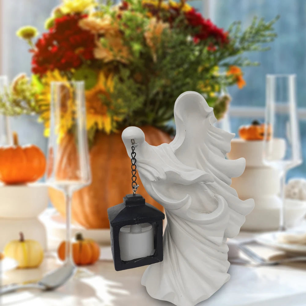 Halloween Ghost Statue With Lantern Faceless Witch Hell Messenger Realistic Resin Ghost Sculpture For Home Scary Decorations