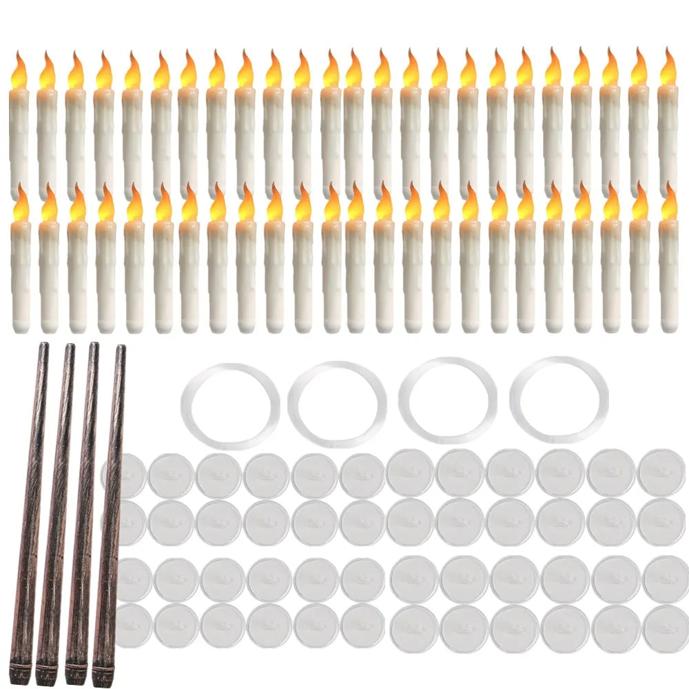 Floating Candles with Magic Wand Flickering Warm Light LED Flameless Candle Taper Candles for Christmas Halloween Party 12/48Pcs