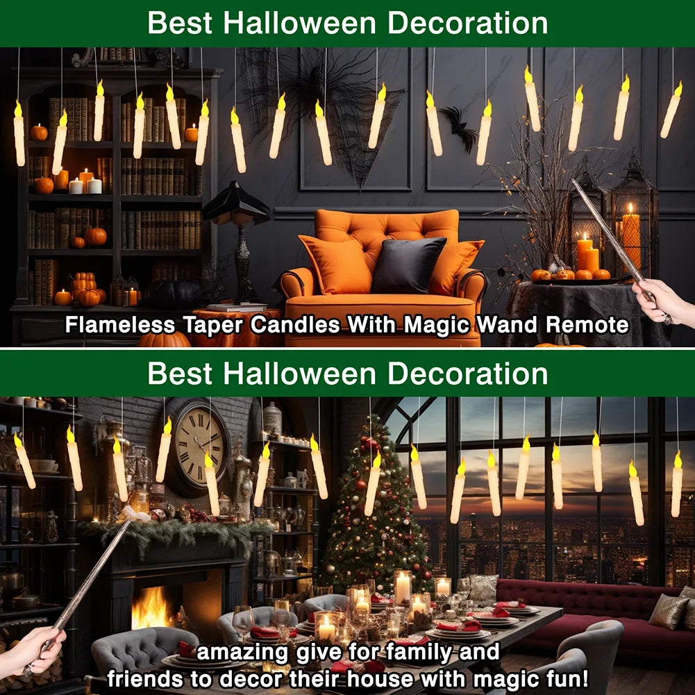 Floating Candles with Magic Wand Flickering Warm Light LED Flameless Candle Taper Candles for Christmas Halloween Party 12/48Pcs
