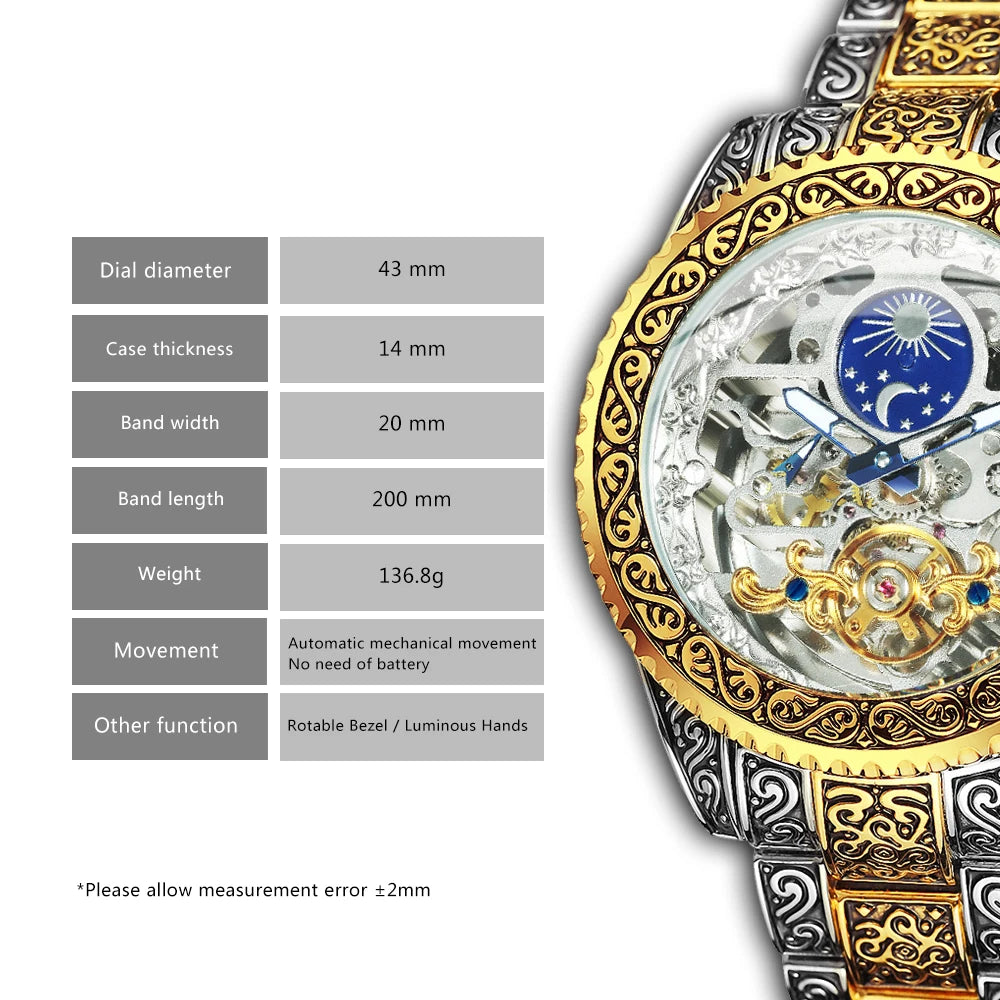 Forsining Luxury Gold Skeleton Mechanical Watches Moon Phase Retro Engraved Luminous Tourbillon Automatic Mens Watch Steel Strap