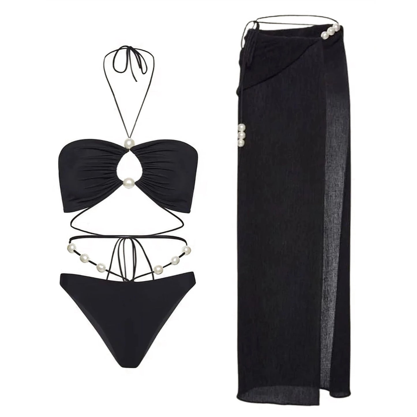 3Pcs Sexy Bikini Set With Cover Up Pearls White Swimsuit Women Halter Swimwear Female Off Shoulder Bathing suit Bikini Beachwear