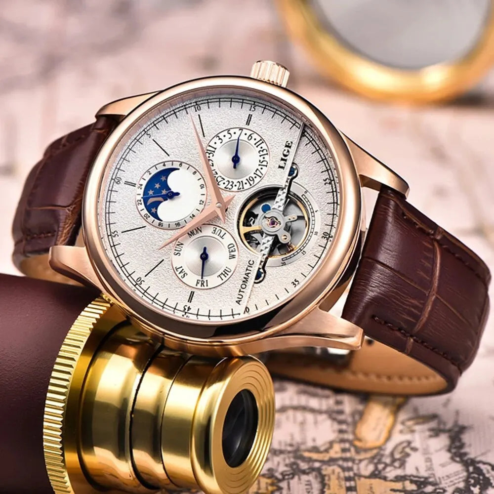 LIGE Men Watches Automatic Mechanical Watch Tourbillon Clock Genuine Leather Waterproof Watch Men Military Wrist watch Man