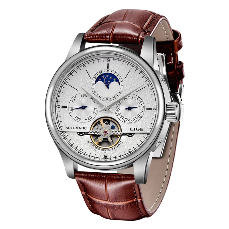 LIGE Men Watches Automatic Mechanical Watch Tourbillon Clock Genuine Leather Waterproof Watch Men Military Wrist watch Man