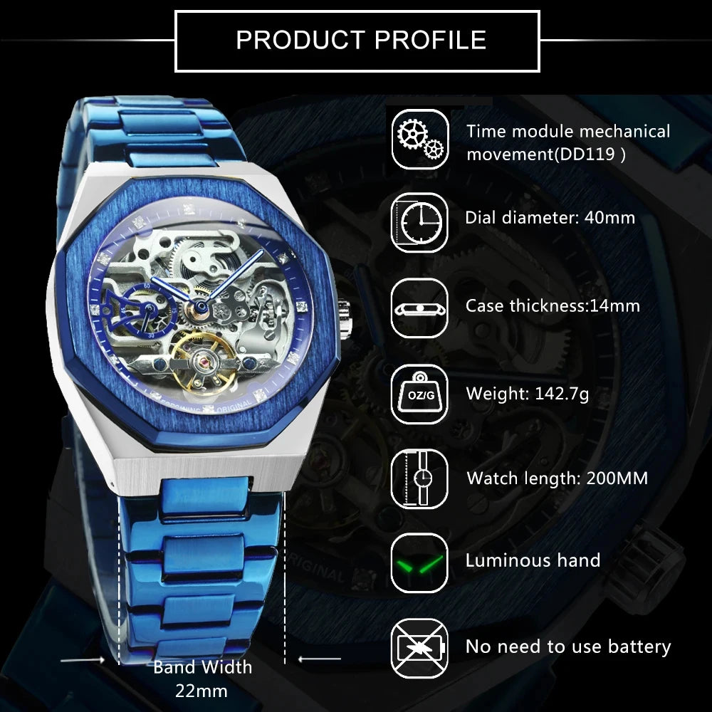 Forsining Silver Automatic Watch Men 3D Diamond Dial Irregular Tourbillon Skeleton Mechanical Wrist watches Luminous Hands Clock
