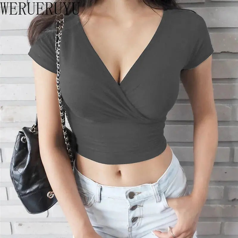 New Summer Black Sexy V-neck T-shirt Short Sleeve Y2k Crop Top Women Clothes Streetwear Korean Fashion Corset Tops T shirts 2025