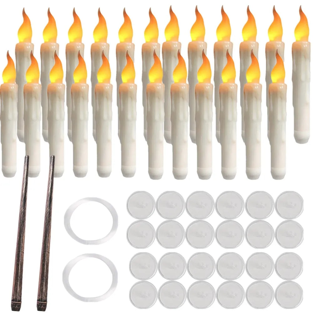 Floating Candles with Magic Wand Flickering Warm Light LED Flameless Candle Taper Candles for Christmas Halloween Party 12/48Pcs
