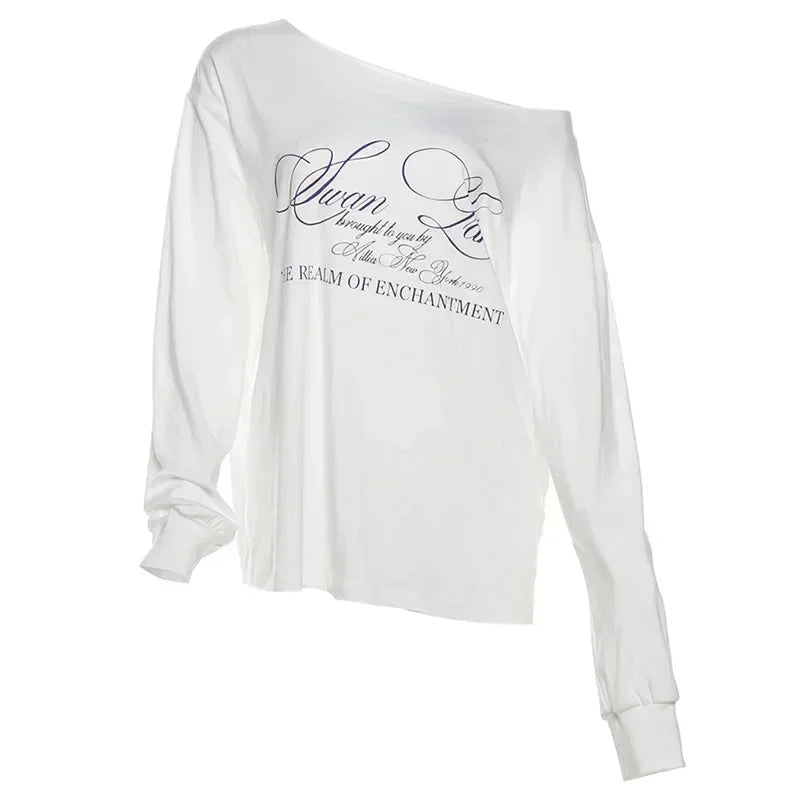 Pixie Kiki Letter Print Graphic T Shirts White Oversized One Shoulder Tops Women Summer Fashion Clothing Trends 2025 P71-BG14