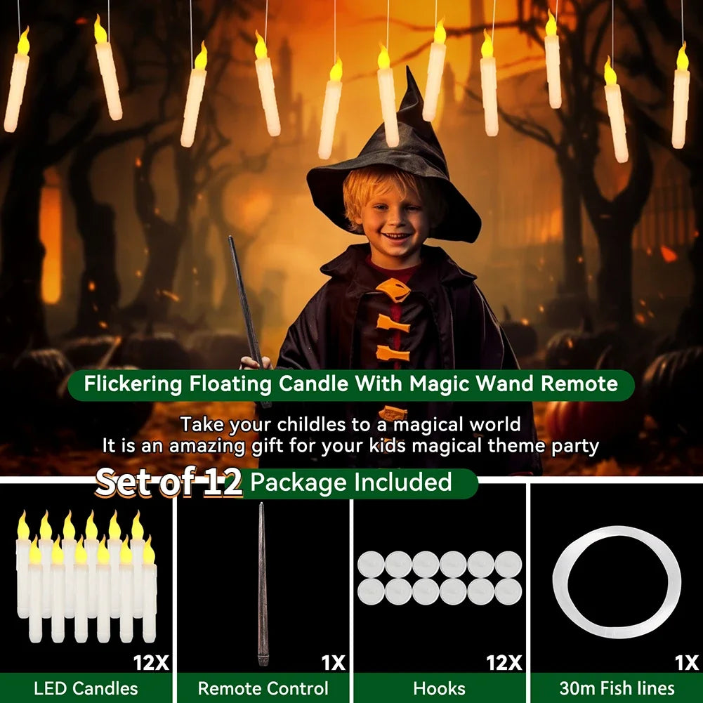 Floating Candles with Magic Wand Flickering Warm Light LED Flameless Candle Taper Candles for Christmas Halloween Party 12/48Pcs
