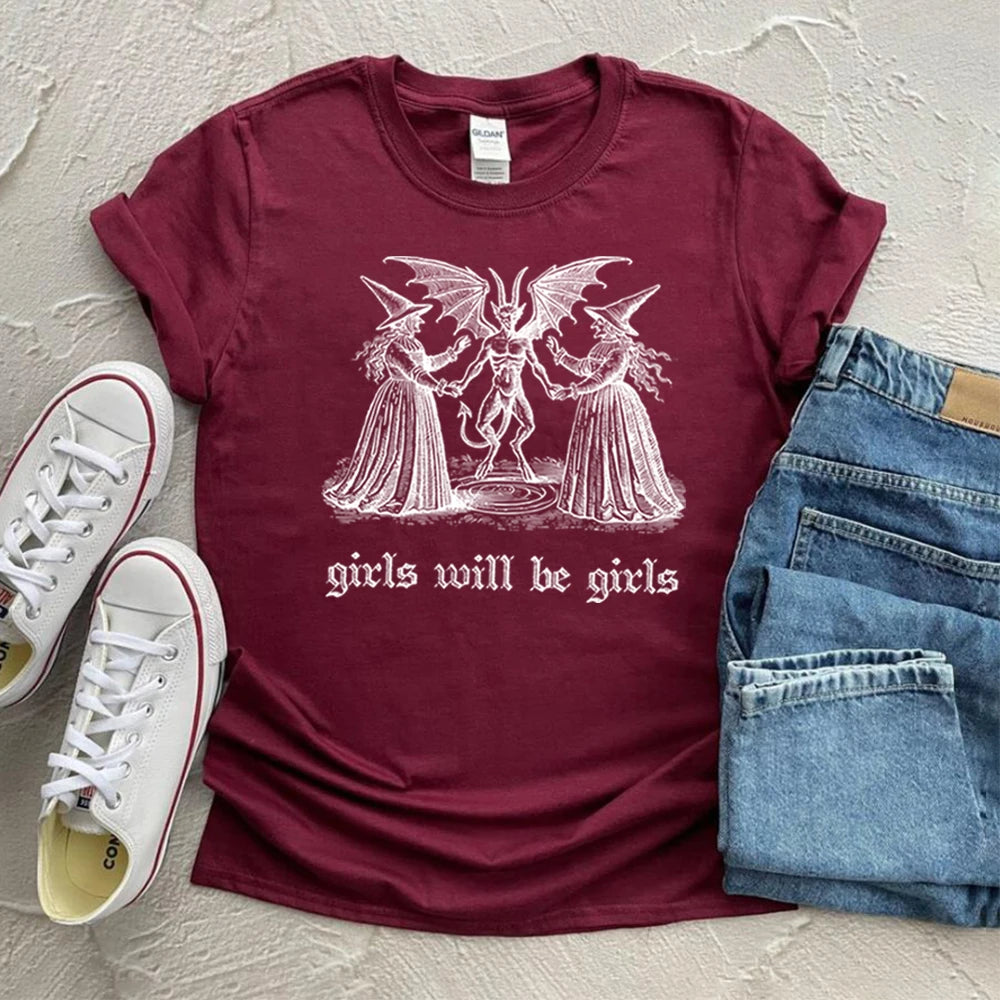 Girls Will Be Girls Witch Shirt Vintage Halloween T-Shirt Funny Feminist Tee Ironic Shirts Aesthetic T-shirt Spooky Witchy Tops