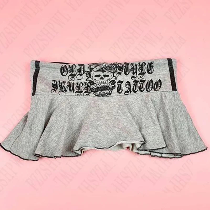 Spicy Girls Y2K Skirt Skull Harajuku Graphic Print Rock Goth Retro Mini Skirt Hip hop Streetwear Dress Punk Half length skirt EMO