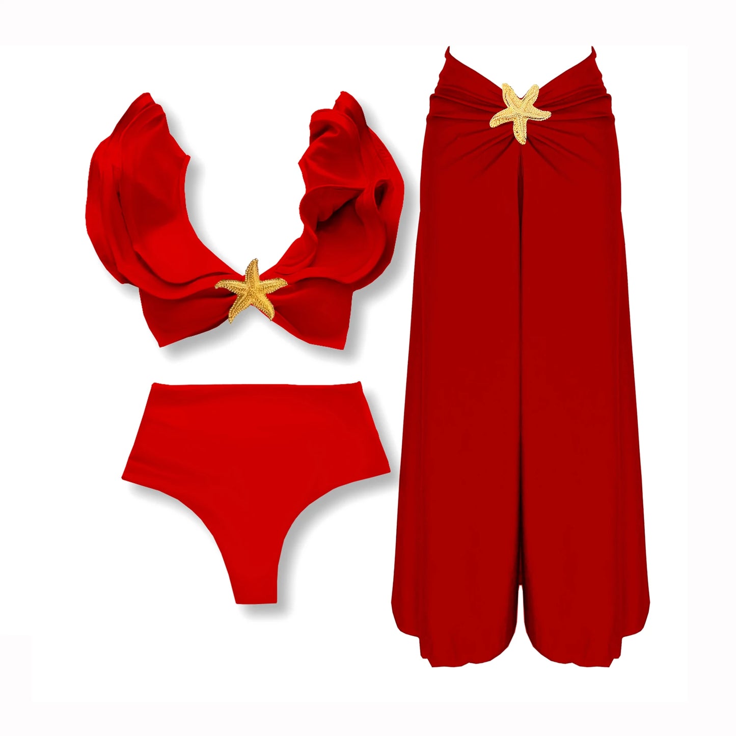 3 Pieces Sexy Bikinis Set Shoulder Ruffle Swimsuit Women 2025 Swimwear Shiny Star Swim Suits Female Bodysuit Bathsuit Beachwear