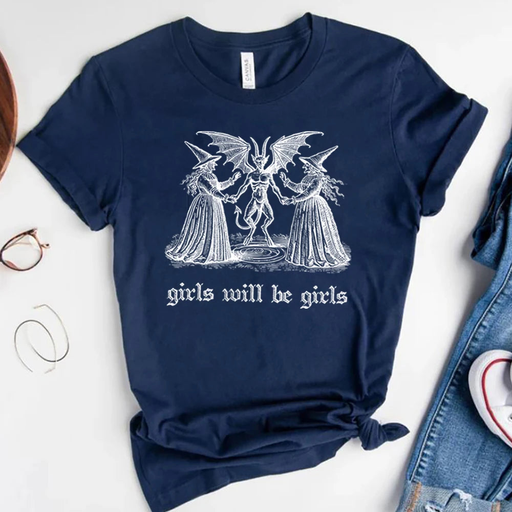 Girls Will Be Girls Witch Shirt Vintage Halloween T-Shirt Funny Feminist Tee Ironic Shirts Aesthetic T-shirt Spooky Witchy Tops