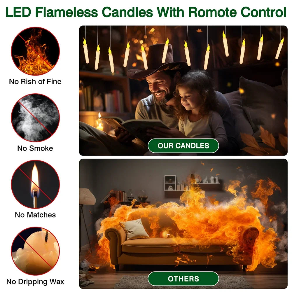 Floating Candles with Magic Wand Flickering Warm Light LED Flameless Candle Taper Candles for Christmas Halloween Party 12/48Pcs