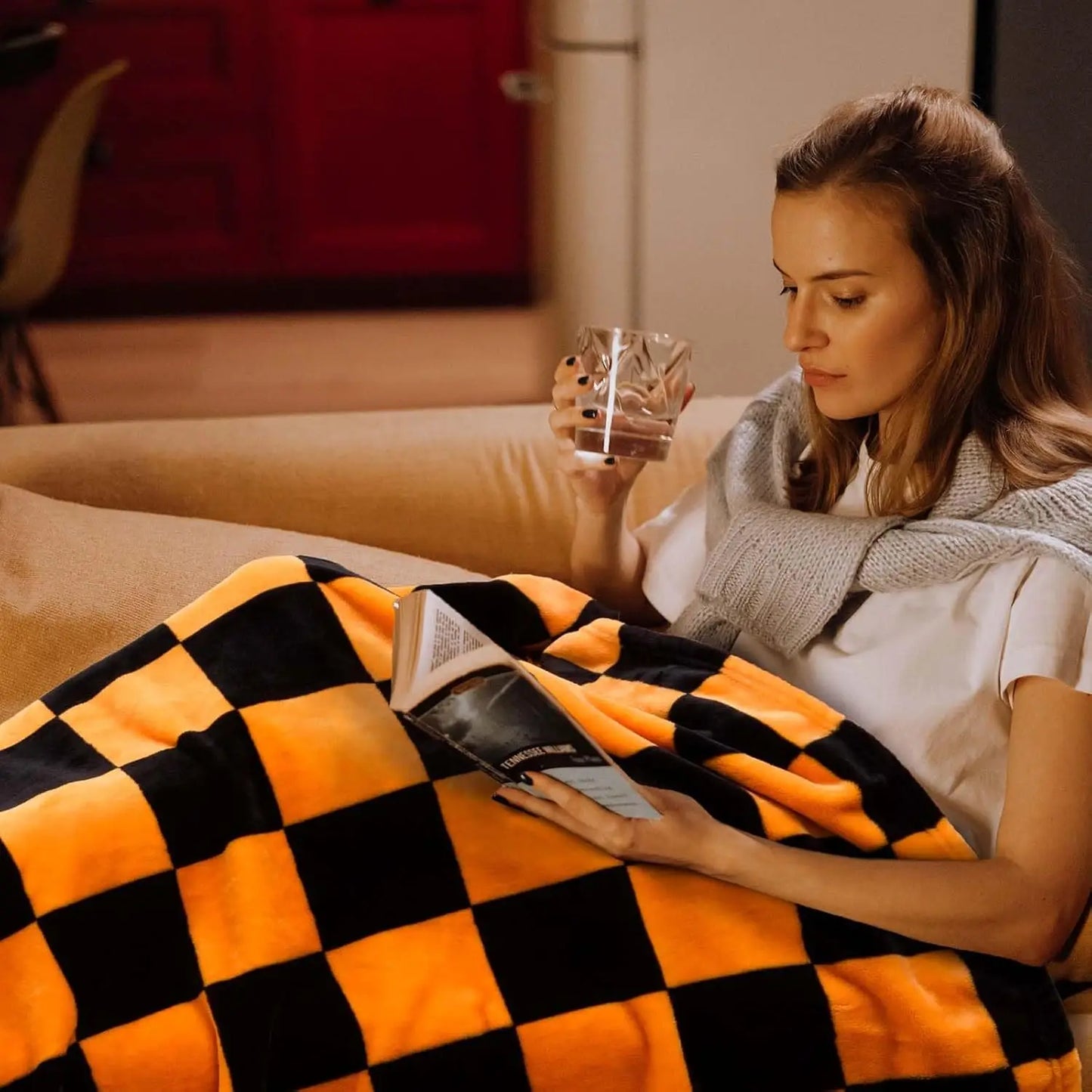 Throw Checkerboard Black and Orange Flannel Blanket for Couch Bed Sofa Cozy Comfy Warm Halloween Decor for All Season 1PC
