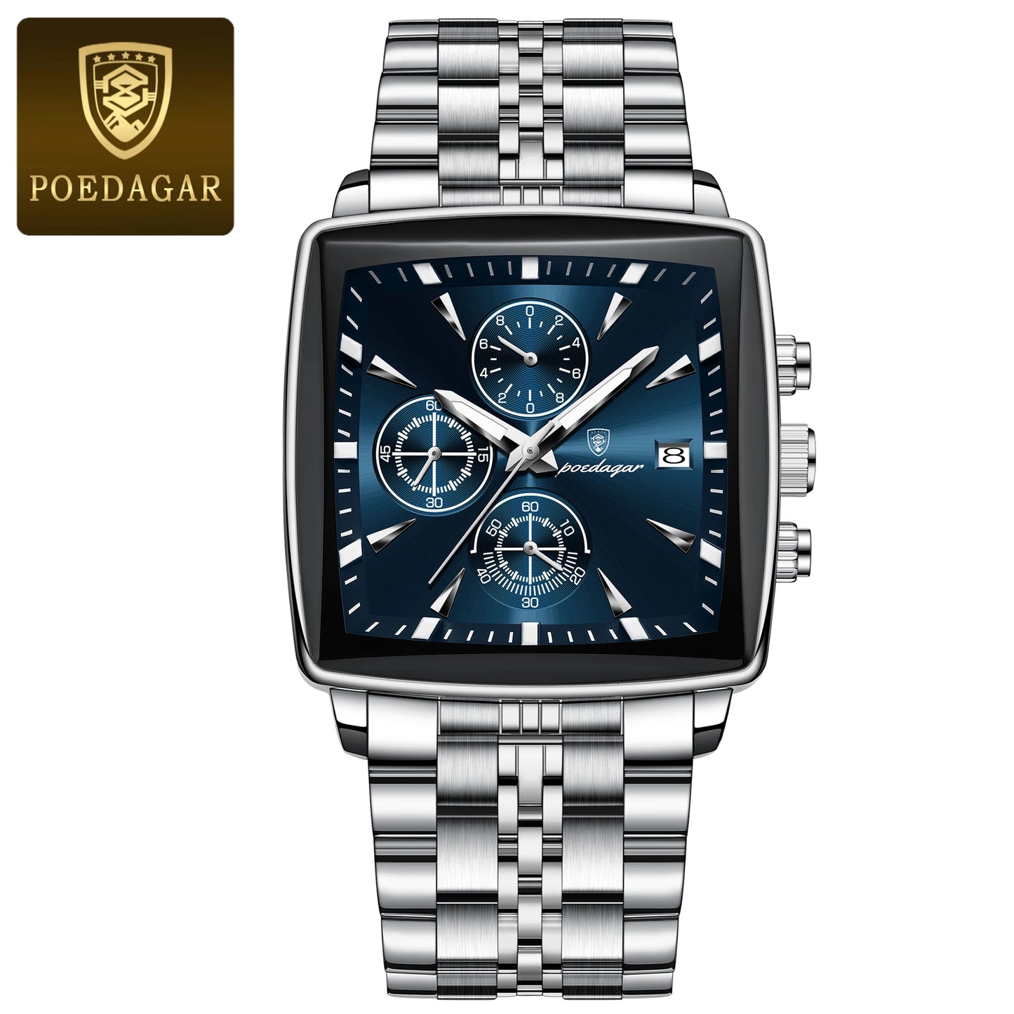 POEDAGAR Luxury Square Sport Man Wrist watch Waterproof Luminous Chronograph Quartz Men's Watches Stainless Steel Men Watch Reloj