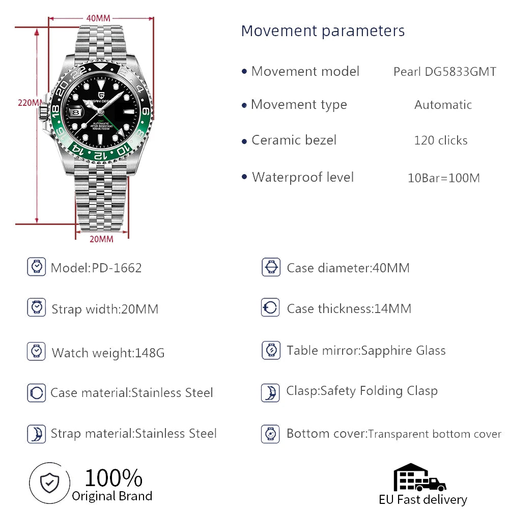PAGANI DESIGN PD-1662 Luxury GMT Men Mechanical Wrist watch Sapphire Glass Stainless Steel 100M Waterproof Automatic Watches
