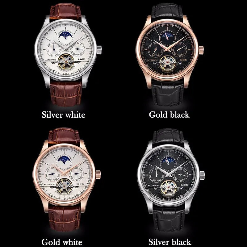 LIGE Men Watches Automatic Mechanical Watch Tourbillon Clock Genuine Leather Waterproof Watch Men Military Wrist watch Man