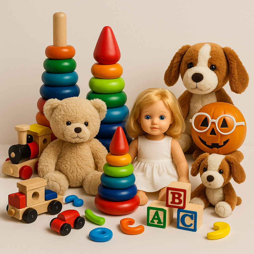 Children's toys including educational games, stuffed animals, building blocks, and action figures — perfect for fun and learning at Hallowex USA