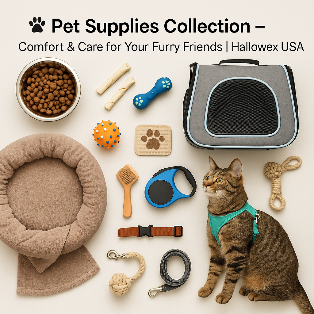 Pet supplies including food bowls, chew toys, grooming tools, and pet beds for dogs and cats – Hallowex USA