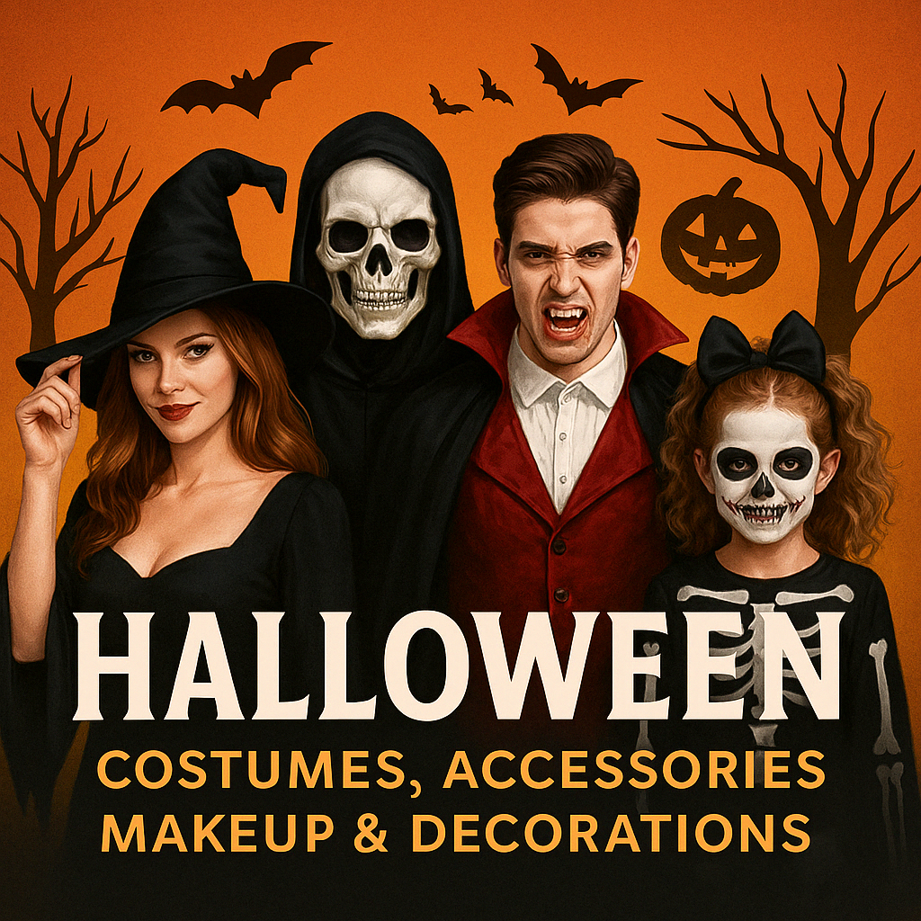 Halloween costumes, decorations, spooky props, and makeup kit display – shop Halloween essentials online at Hallowex USA