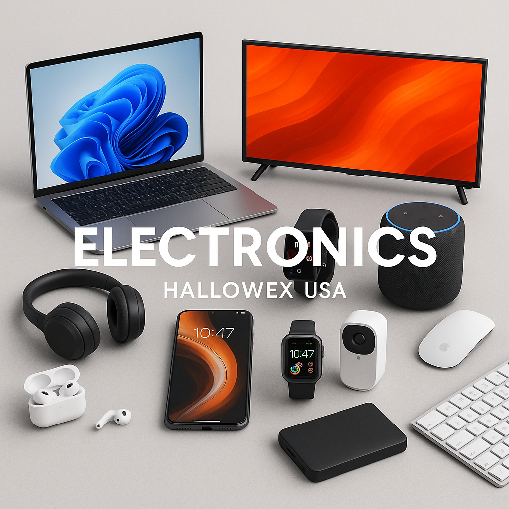 Modern electronic gadgets and accessories including laptops, smartphones, headphones, and smart home devices – Hallowex USA