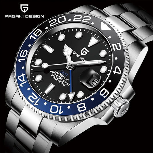 PAGANI DESIGN Men Mechanical Wrist watch Top Brand Sapphire Glass GMT Watch Stainless Steel Sports Waterproof Automatic Men Watch