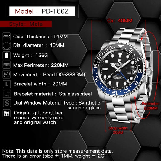 PAGANI DESIGN Men Mechanical Wrist watch Top Brand Sapphire Glass GMT Watch Stainless Steel Sports Waterproof Automatic Men Watch