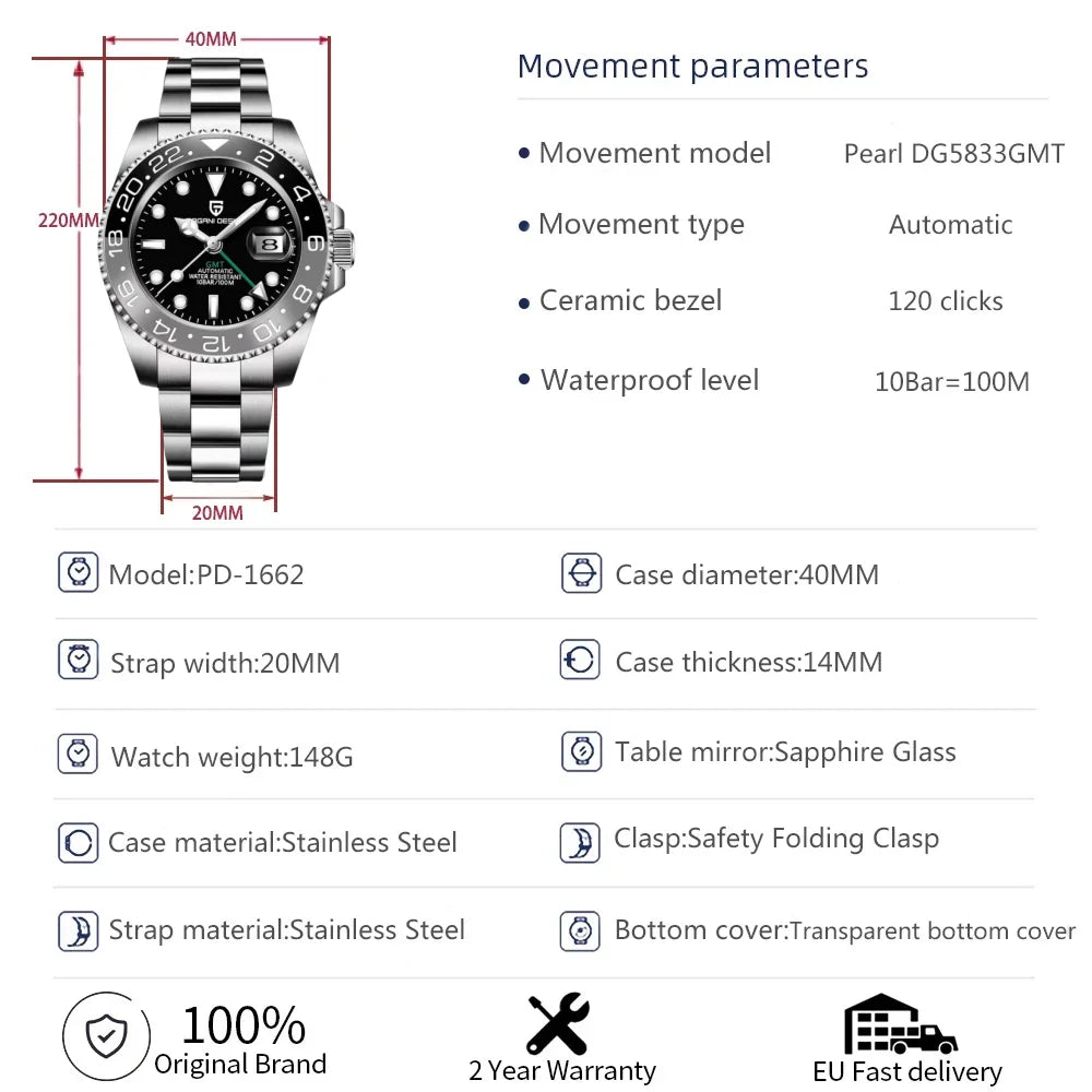 PAGANI DESIGN GMT Watches Men's Luxury Automatic Mechanical Wrist watch Sapphire Glass 40MM Stainless Steel Waterproof Watch