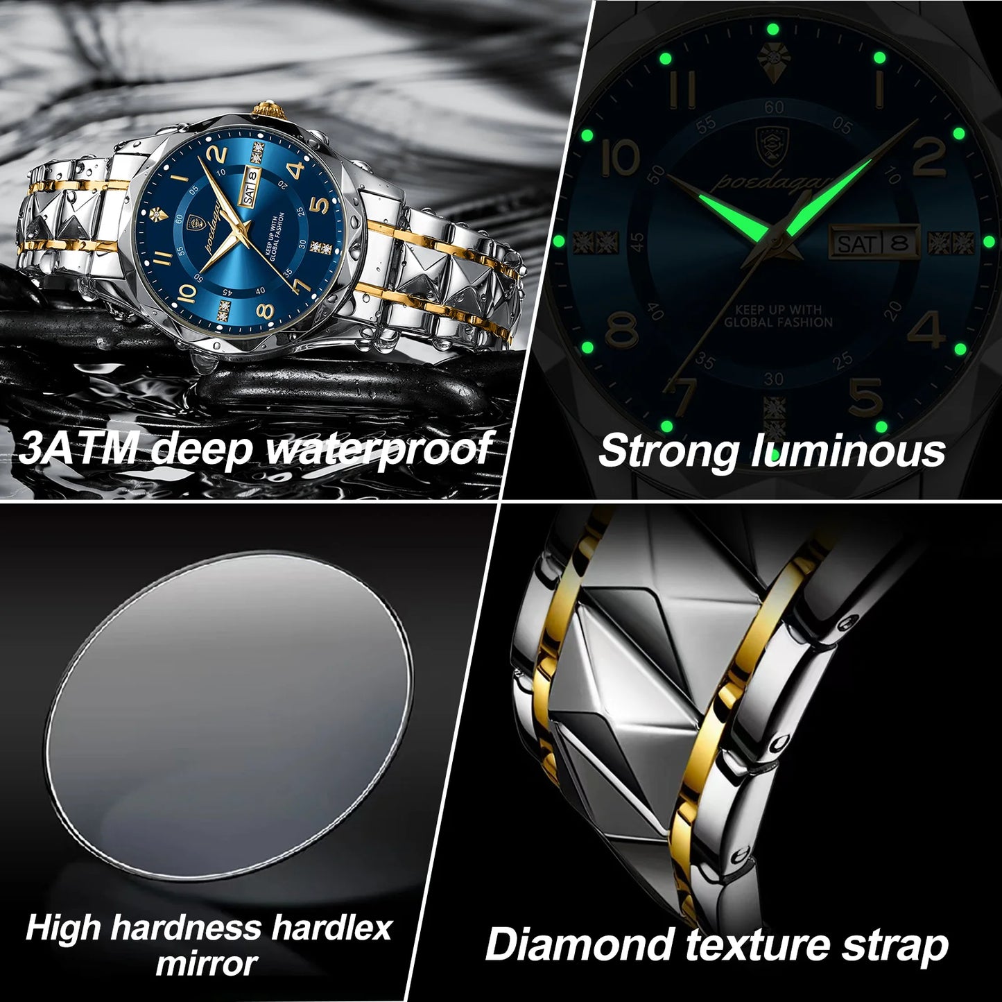 POEDAGAR Luxury Men Quartz Watch Waterproof Date Week Luminous Wrist watch Stainless Steel Men's Watches Male Clock Sports Reloj