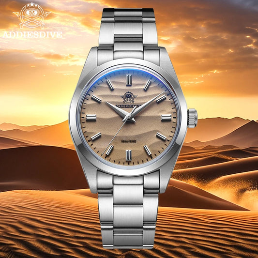 ADDIESDIVE Men's Watch Sand Dial 36mm Quartz Watch 100m Waterproof 316L Stainless Steel AR Coated Dome Glass Wrist Watch for Men