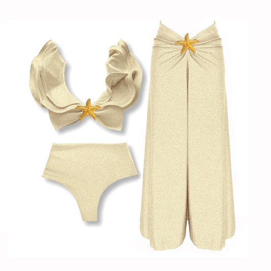 3 Pieces Sexy Bikinis Set Shoulder Ruffle Swimsuit Women 2025 Swimwear Shiny Star Swim Suits Female Bodysuit Bathsuit Beachwear