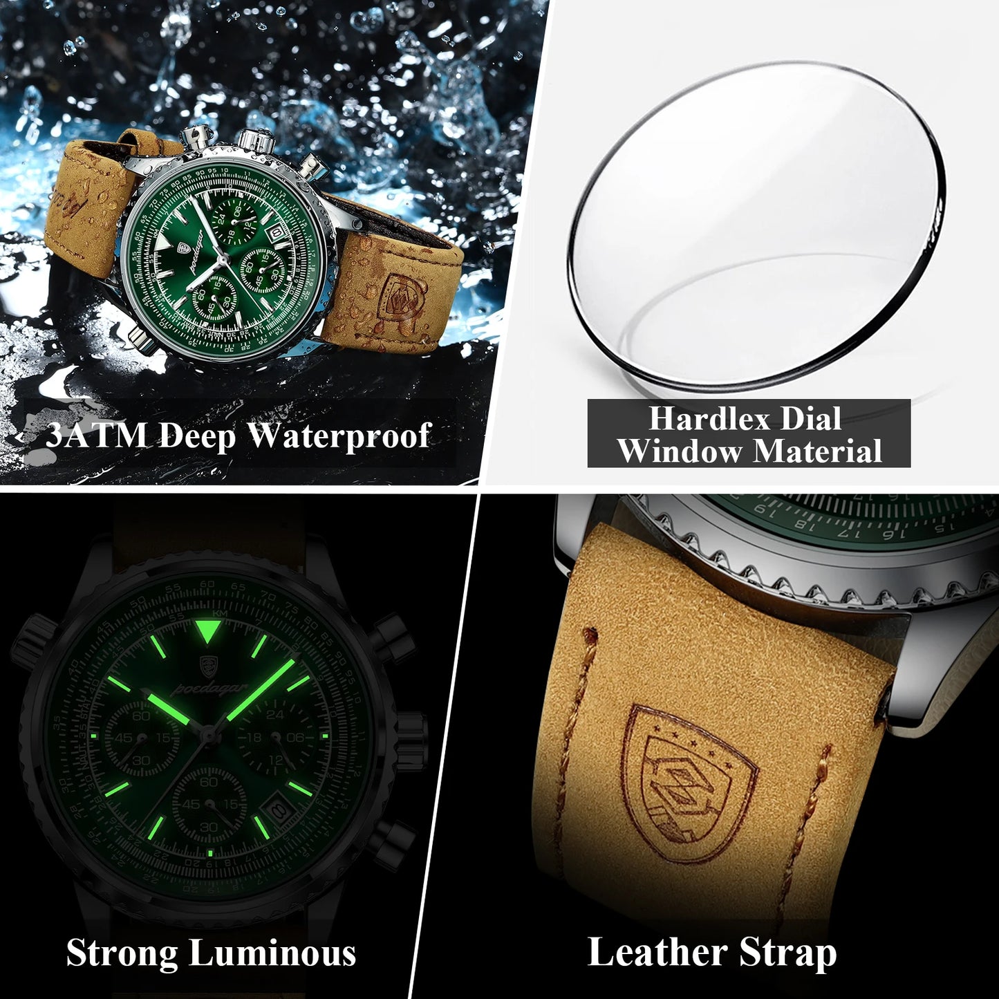 POEDAGAR Luxury Man Watch Quartz Waterproof Luminous Date Chronograph Leather Men Wrist watch Military Sports Men's Watches Reloj