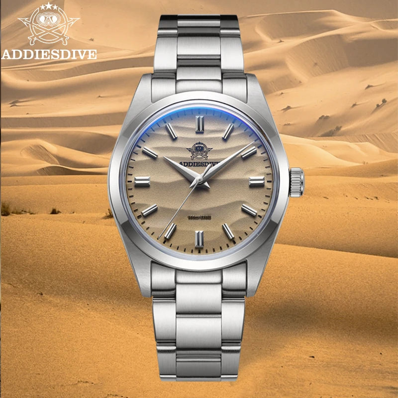 ADDIESDIVE Men's Watch Sand Dial 36mm Quartz Watch 100m Waterproof 316L Stainless Steel AR Coated Dome Glass Wrist Watch for Men