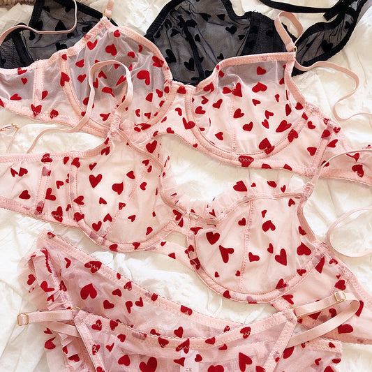 New Lingerie Thongs Set Sexy Ultra Thin Transparent Bra Women Underwire Push Up Bra Set Summer Romantic Peach Heart Underwear