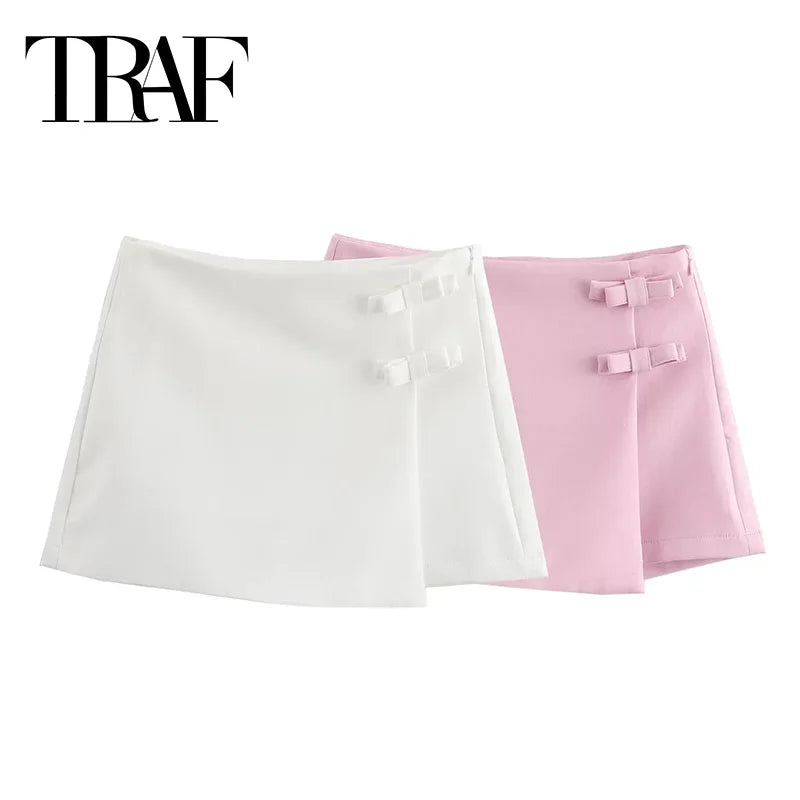 TRAF 2025 Pink White Mini Skirt Woman Fashion Bow Skirt For Women Summer Slit Short Skirt Woman Split High Waist Skirt Shorts