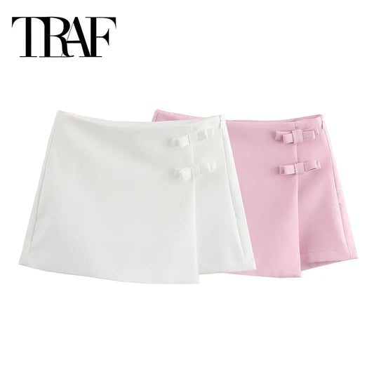 TRAF 2025 Pink White Mini Skirt Woman Fashion Bow Skirt For Women Summer Slit Short Skirt Woman Split High Waist Skirt Shorts